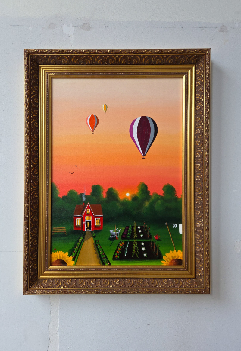 Een schilderij van een rustig landschap met een klein huisje, uitgevoerd in acrylverf op canvas.
