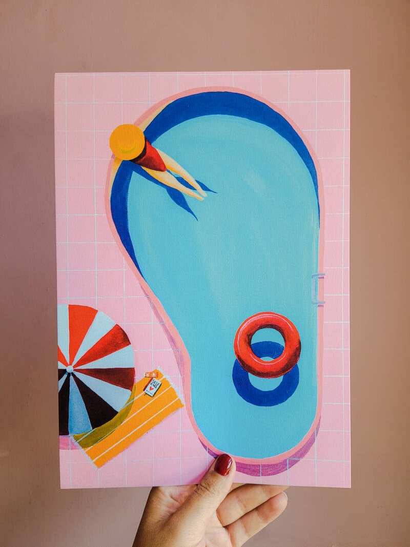 Een illustratie van een zwembad op een A4 print.