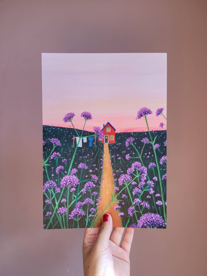 Een illustratie van een verbena plant op een A4 print.