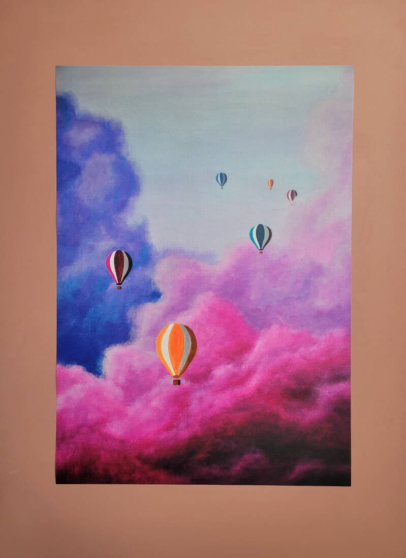 Een illustratie van kleurrijke luchtballonnen op een grote A2 poster.