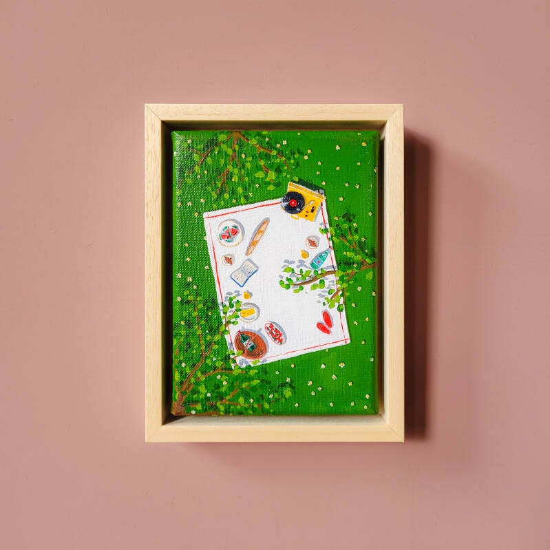 Een schilderij van een picknick met muziek en ontspanning, uitgevoerd in gouache en acryl op linnen.