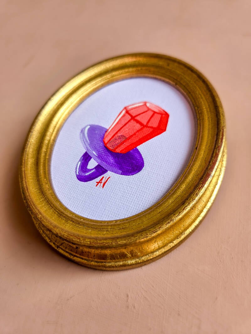 Een illustratie van een ringpop in acrylgouache op een canvas met een glansvernislaag.