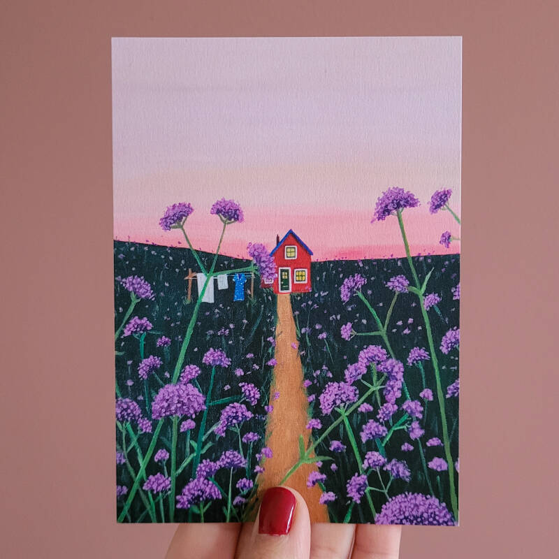 Een illustratie van verbena op een A6 ansichtkaart.