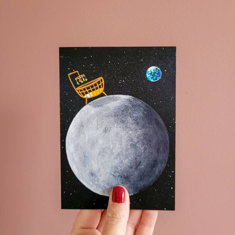 Een illustratie van een babywiegje op een A6 ansichtkaart.