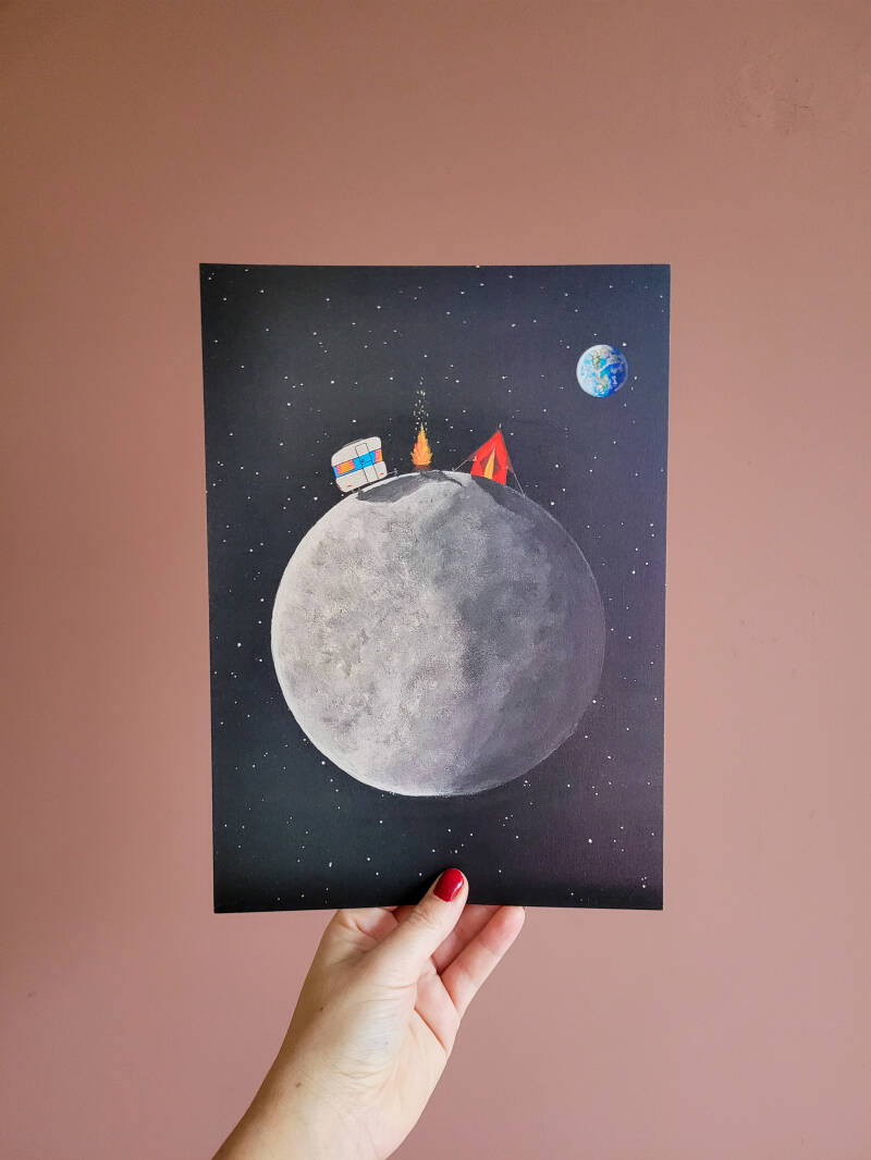 Een illustratie van een camping op een A4 print.