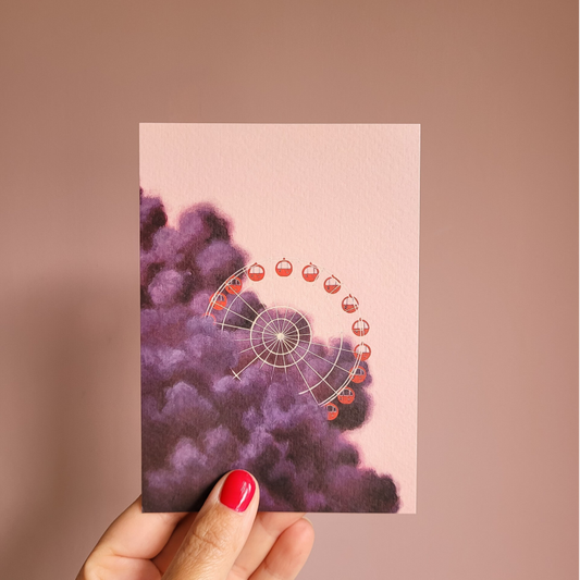Een illustratie van een reuzenrad op een A6 ansichtkaart.
