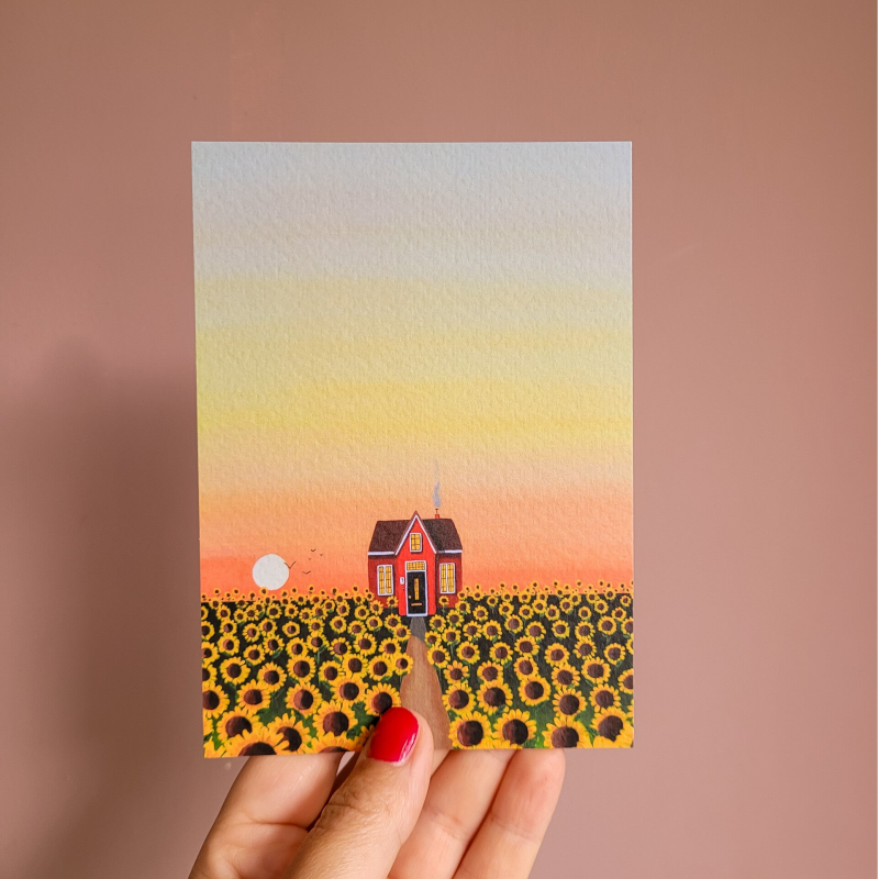 Een illustratie van een zonnebloem op een A6 ansichtkaart.