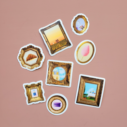 Een set van acht verschillende kleurrijke stickers.