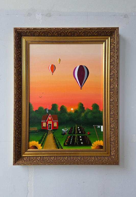 Een schilderij van een rustig landschap met een klein huisje, uitgevoerd in acrylverf op canvas.