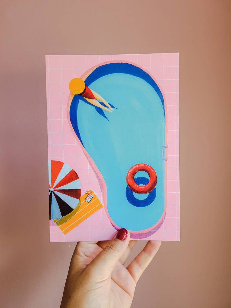 Een illustratie van een zwembad op een A5 kunstdruk.