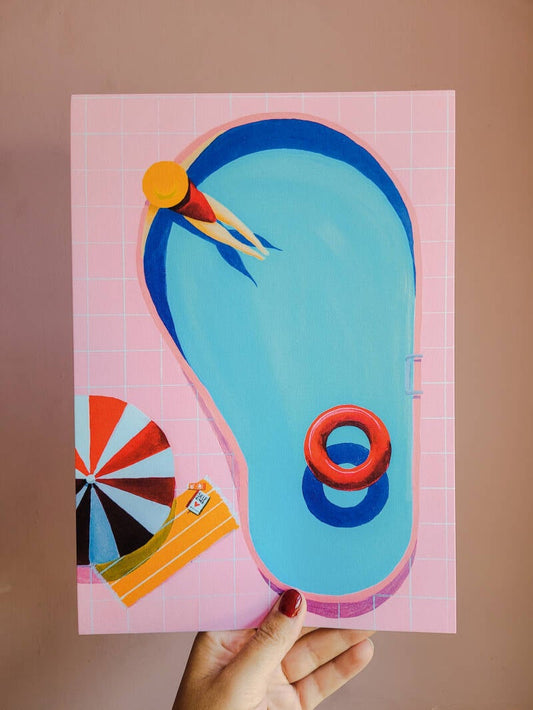 Een illustratie van een zwembad op een A4 print.