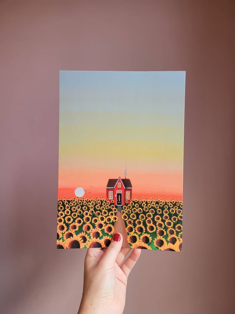 Een illustratie van zonnebloemen op een A4 print.