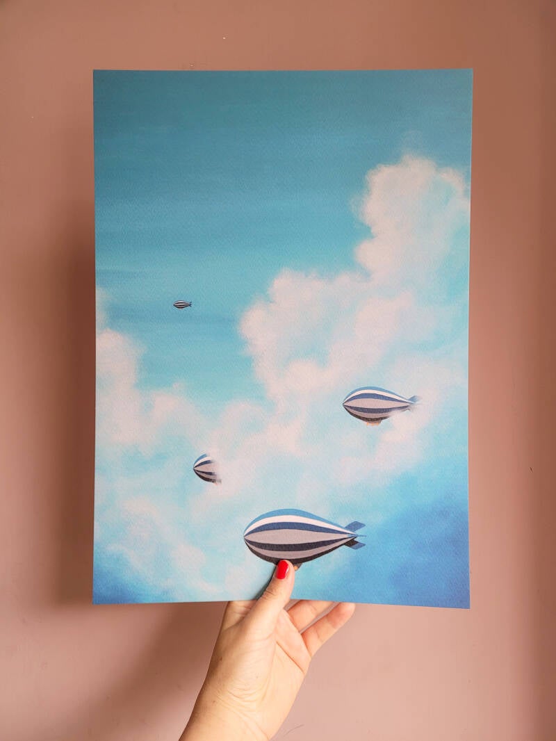 Een illustratie van zeppelins op een A3 print.