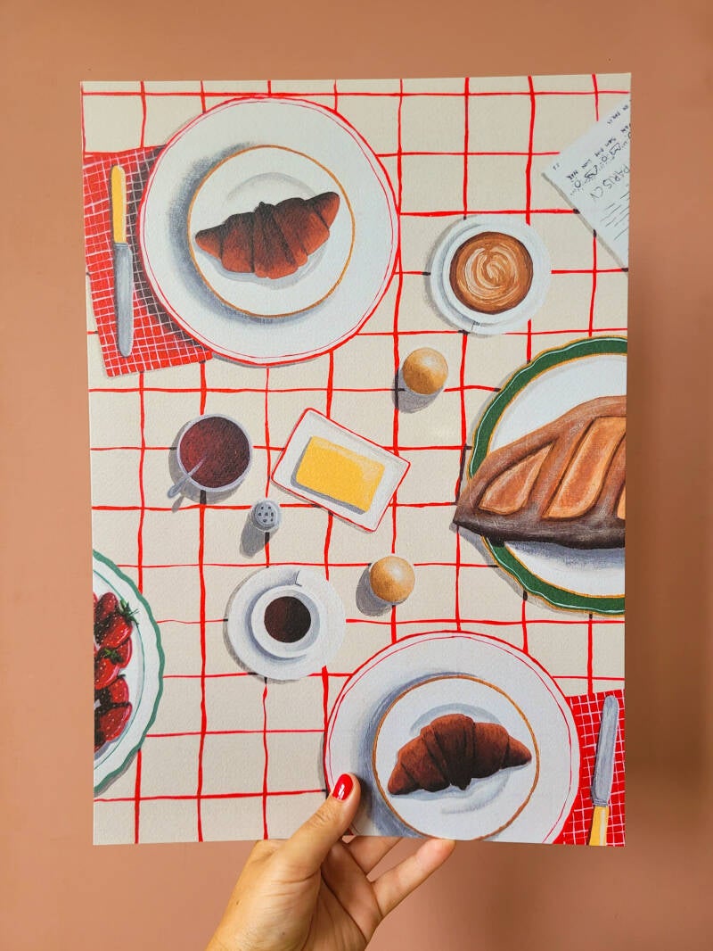 Een illustratie van een ontbijttafel op een A3 print.