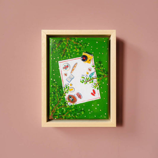 Een schilderij van een picknick met muziek en ontspanning, uitgevoerd in gouache en acryl op linnen.