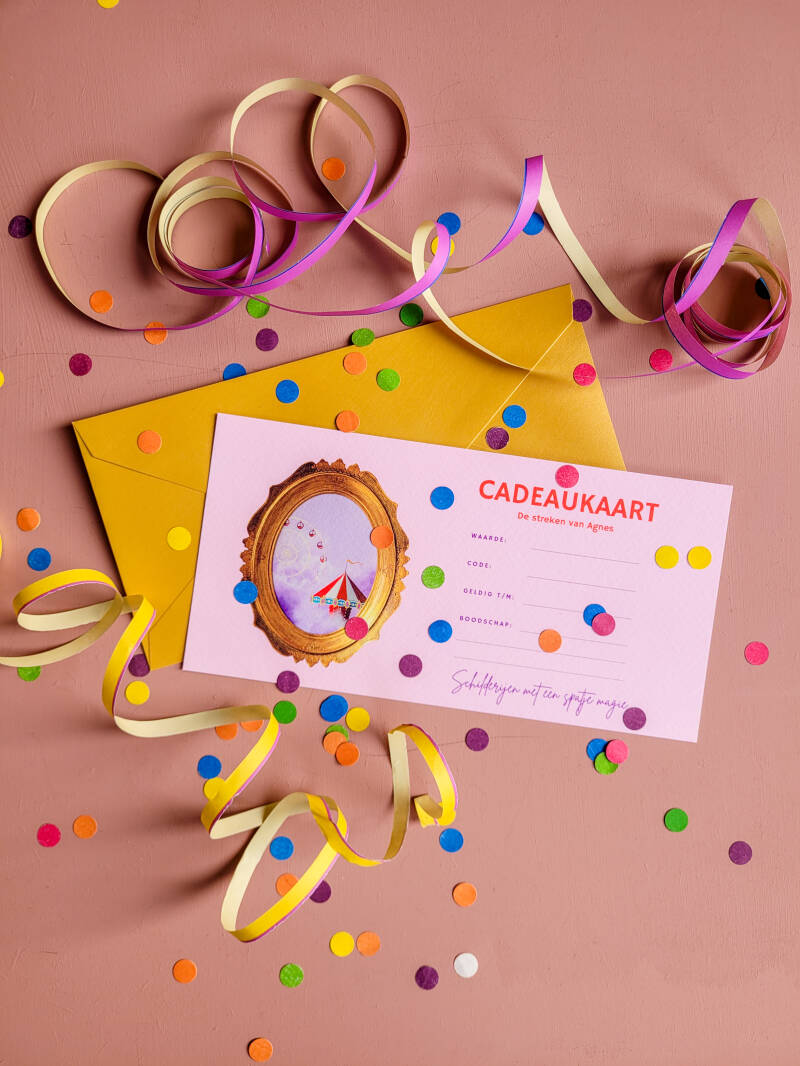 Een illustratie van een cadeaukaart van De Streken van Agnes.