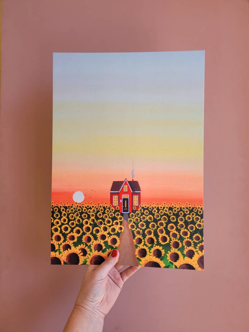 Een illustratie van zonnebloemen op een A3 print.