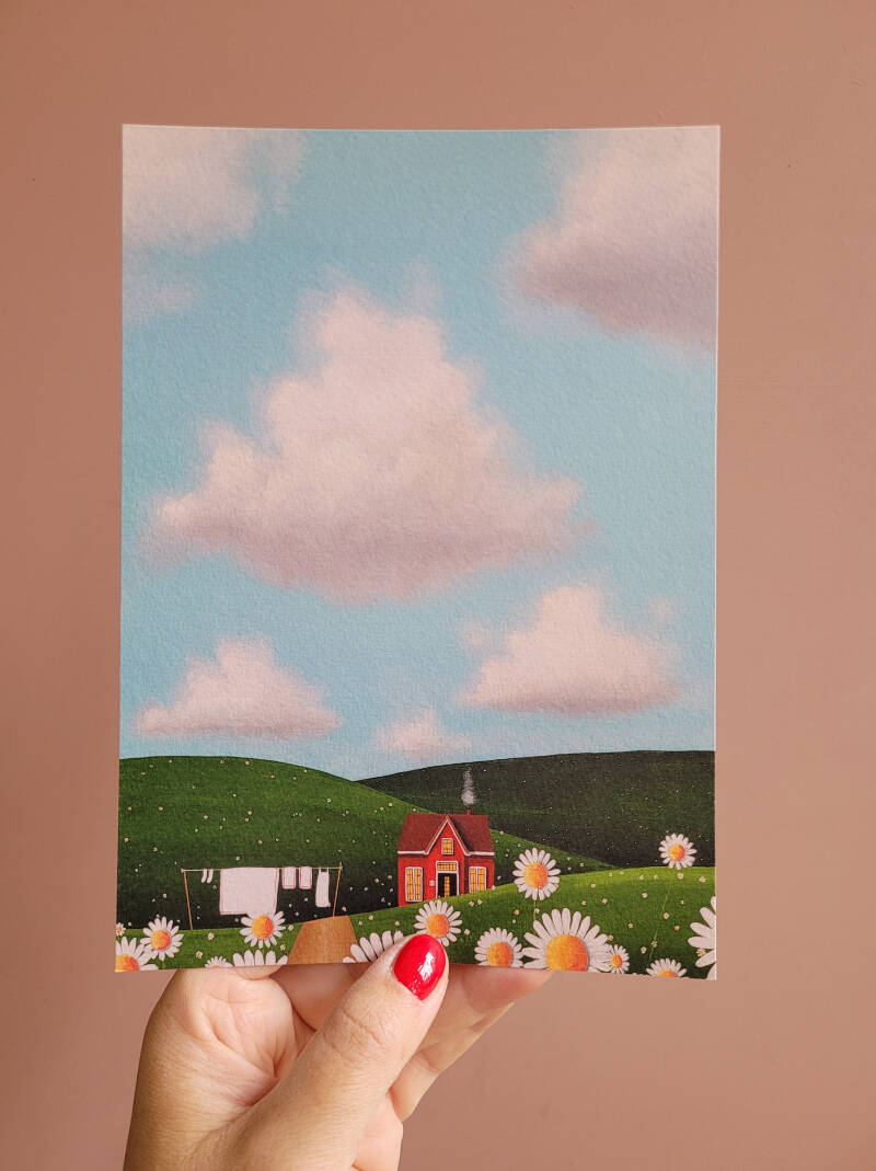 Een illustratie van een zomers tafereel op een A5 print.