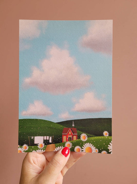 Een illustratie van een zomers tafereel op een A5 print.