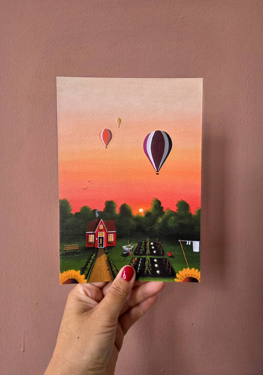 Een illustratie van een huis met een moestuin op een A5 print.