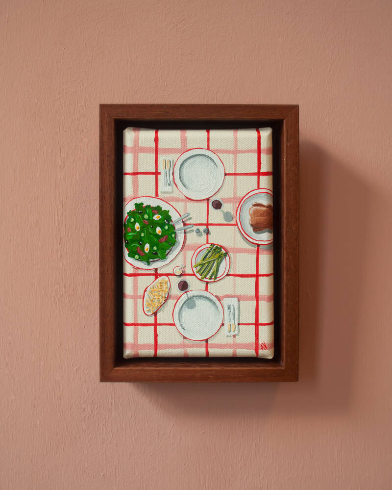 Een schilderij van een sfeervol Frans Bouillon restaurant in Parijs met kenmerkende rood-witte kleuren, uitgevoerd in acrylgouache op linnen.