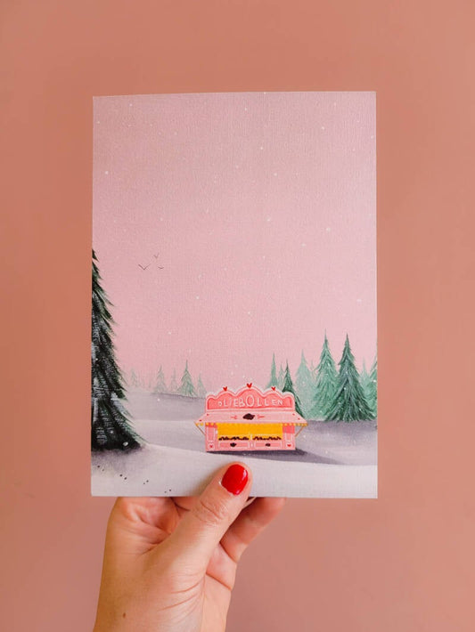 Een illustratie van een gezellige oliebollenkraam op een A5 print.