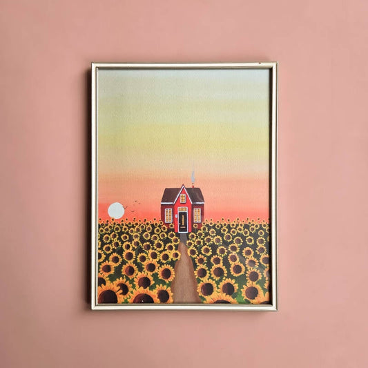 Een illustratie van zonnebloemen in een goud met crème kleurige vintage lijst.