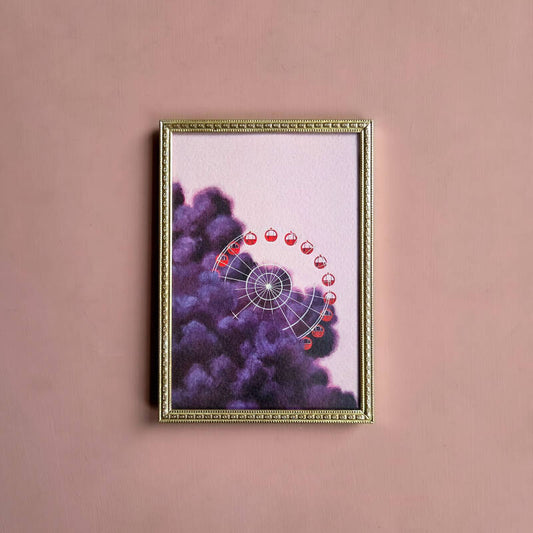 Een illustratie van een reuzenrad in een A6 zilverkleurige vintage lijst met sierlijke randjes.