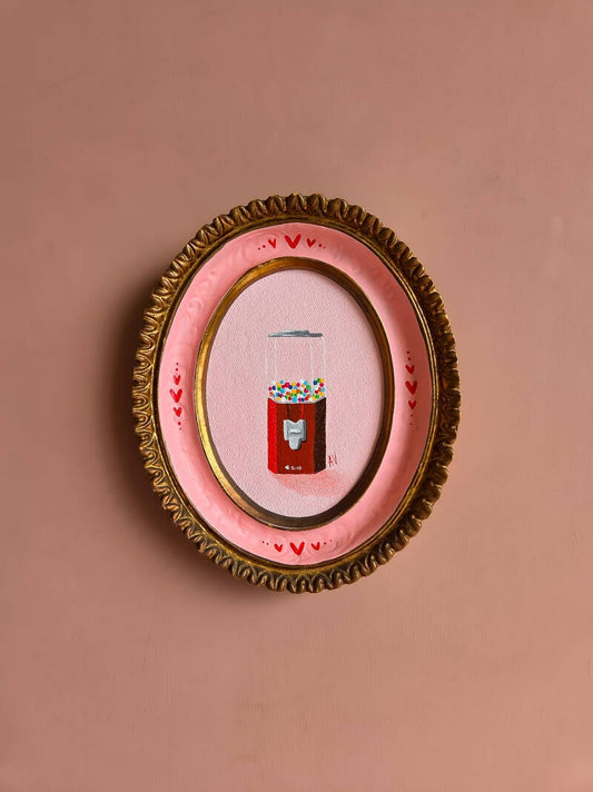Een illustratie van een rode kauwgomballenautomaat gevuld met kleurrijke kauwgomballen, geschilderd met acrylgouache op canvas.